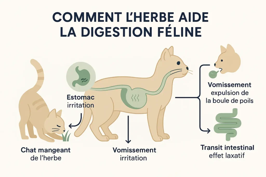 chat qui mange de l'herbe pour faciliter la digestion