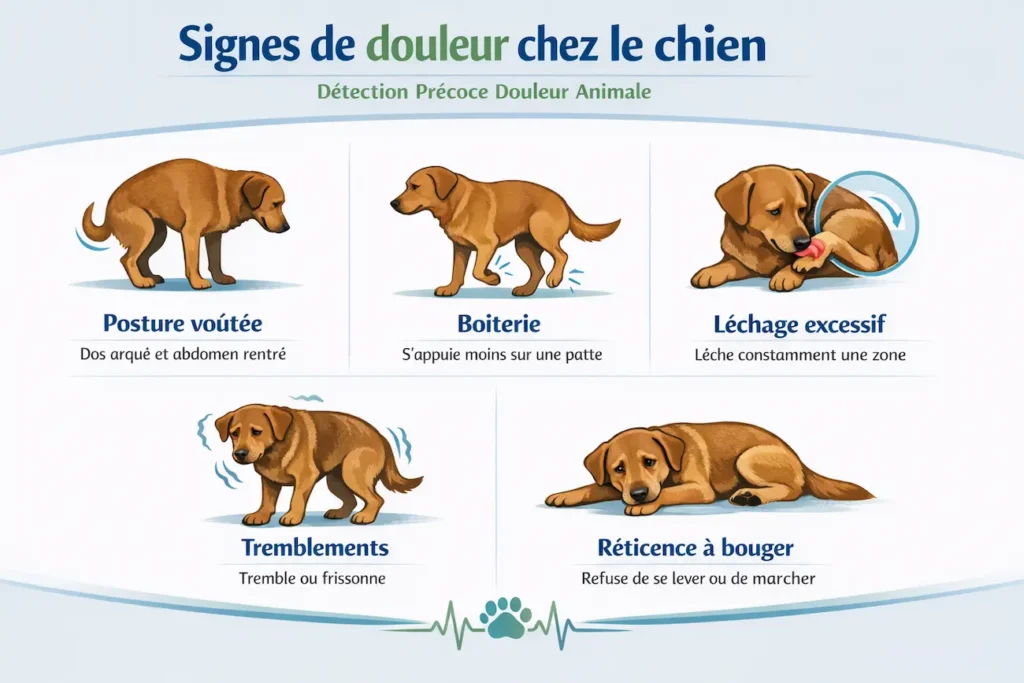 Infographie montrant les signes de douleur chez le chien, incluant posture voûtée, boiterie, léchage excessif, tremblements et réticence à bouger.