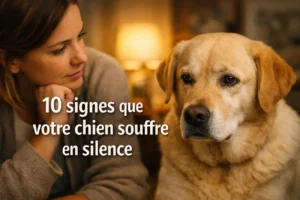 Femme observant un chien à l’expression triste avec le texte « 10 signes que votre chien souffre en silence » affiché sur l’image.