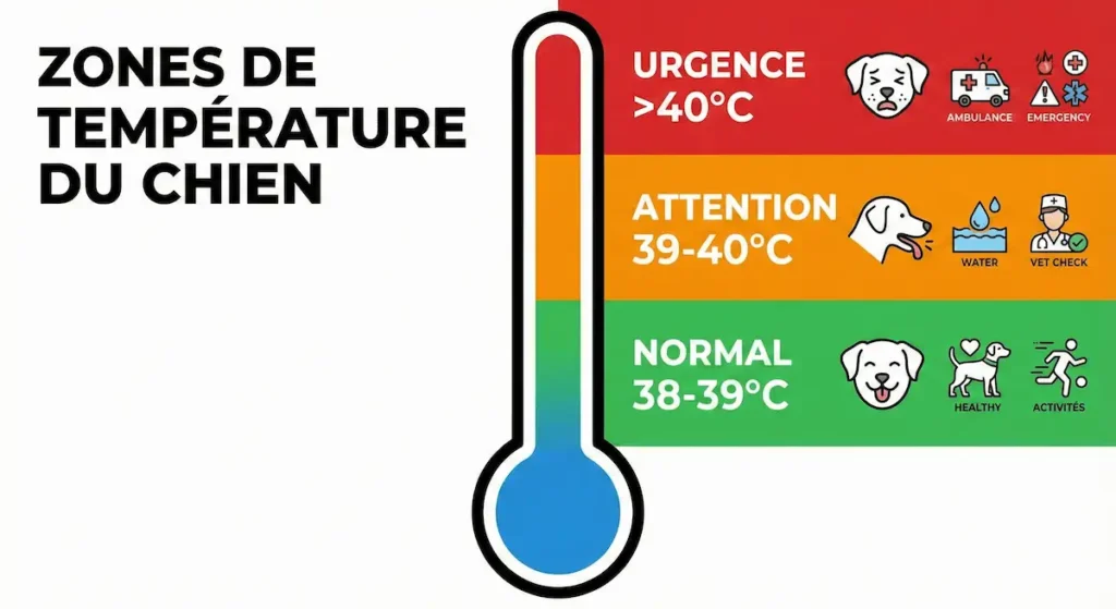 Infographie des zones de température du chien indiquant les seuils normal, attention et urgence, utile pour interpréter des signes comme le nez chaud.