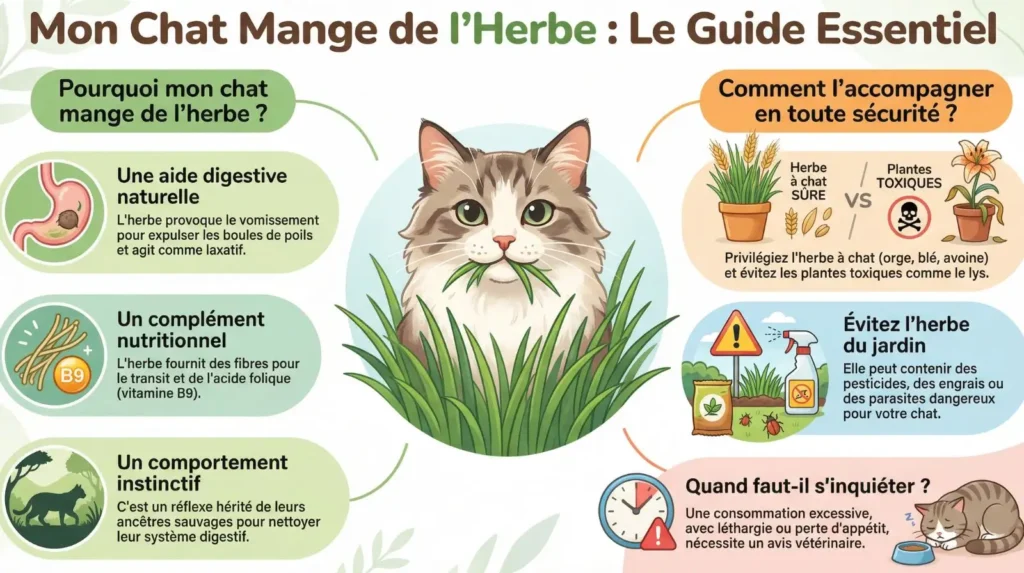 Infographie expliquant pourquoi un chat mange de l’herbe, avec les raisons digestives, nutritionnelles, instinctives et des conseils de sécurité.