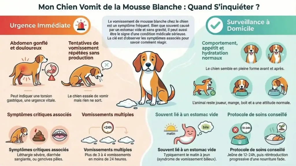 Infographie expliquant quand s’inquiéter si un chien vomit de la mousse blanche, avec signes d’urgence, surveillance à domicile et conseils,