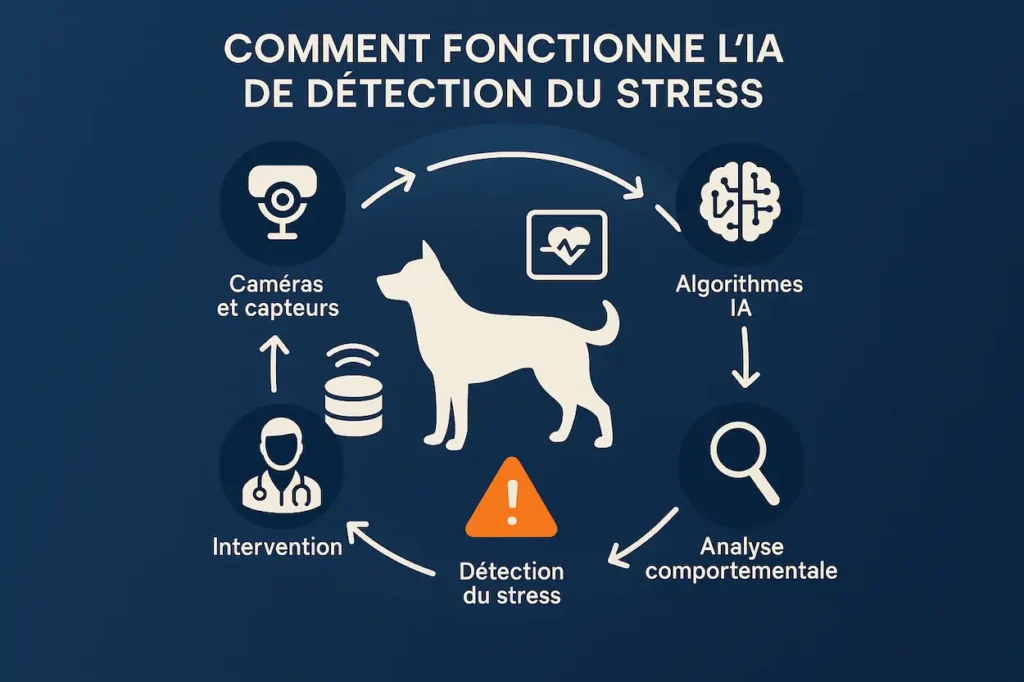 Schéma expliquant comment l’IA détecte le stress animal à partir de caméras, capteurs et analyse comportementale chez le chien.