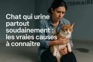 Femme assise tenant un chat roux dans une clinique vétérinaire, illustrant un problème d’urine hors litière chez le chat.