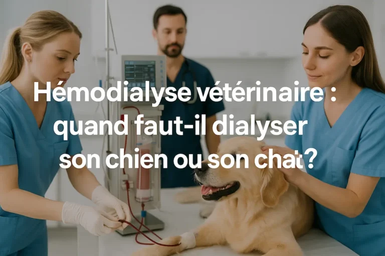 Scène d'hémodialyse vétérinaire avec une équipe soignante et un chien relié à une machine de dialyse en clinique.