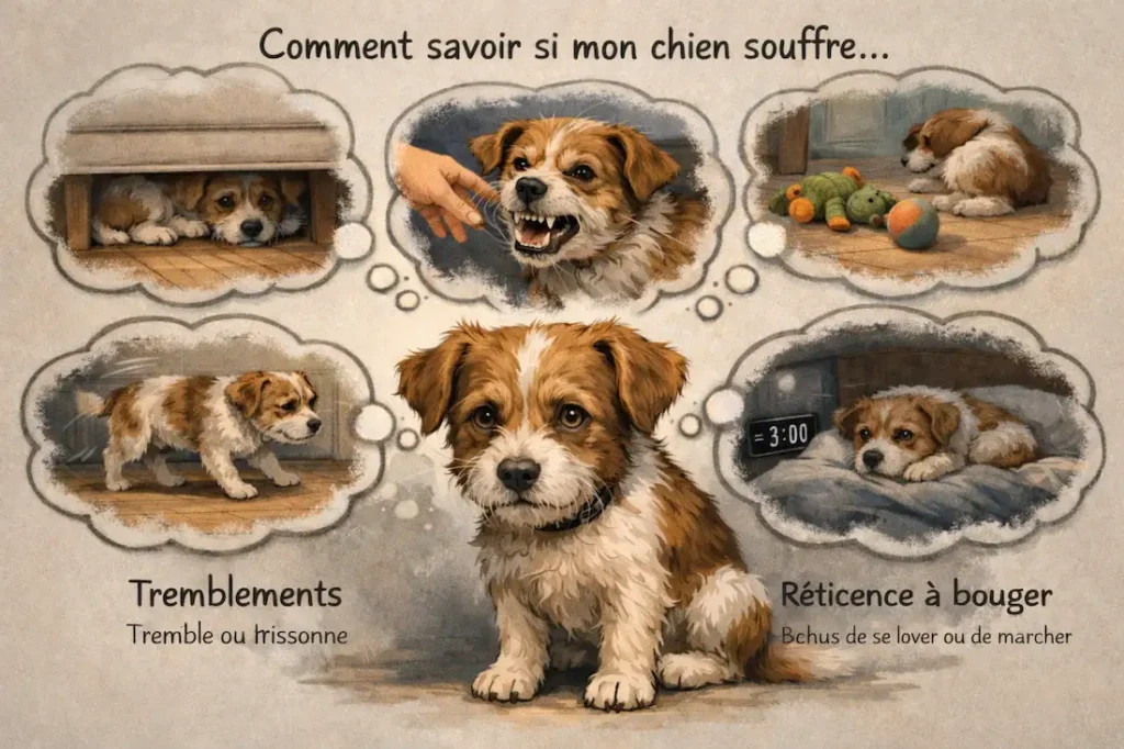 Illustration montrant comment savoir si un chien souffre, avec tremblements, réticence à bouger, agressivité au contact, isolement et changement de comportement.