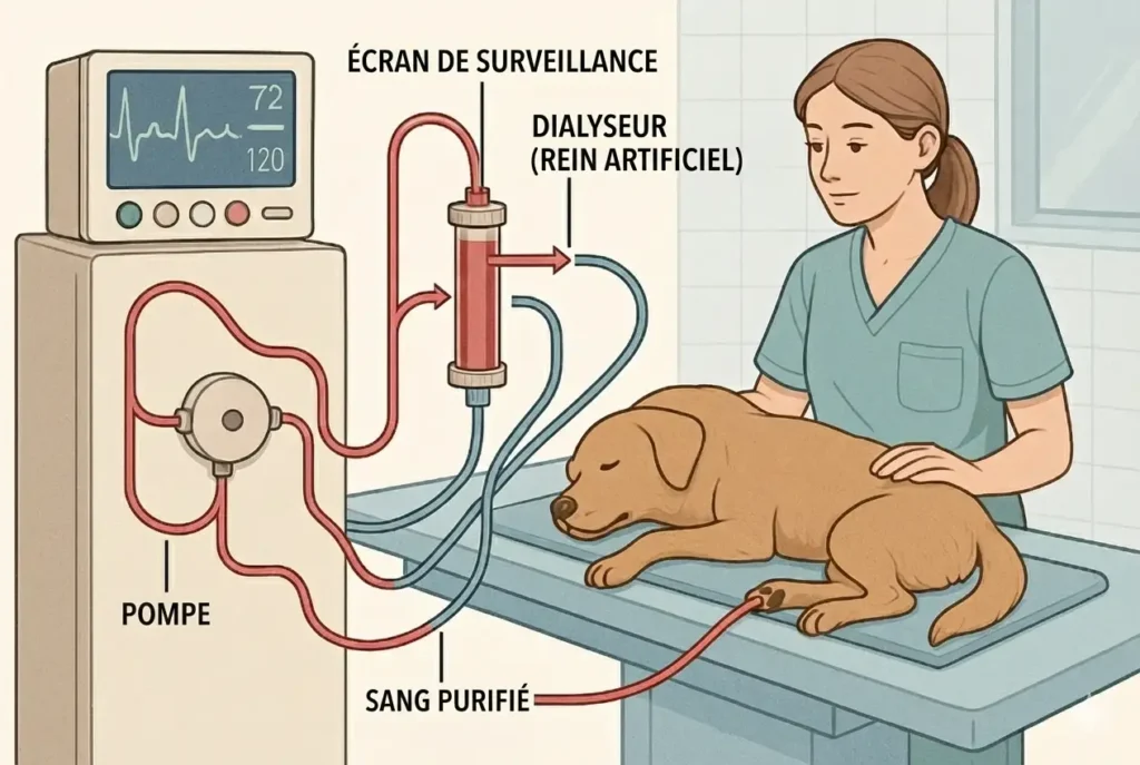 Infographie d’hémodialyse vétérinaire montrant un chien relié à un dialyseur avec pompe, écran de surveillance et circulation du sang purifié.