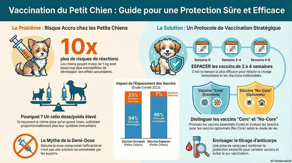 Infographie sur les vaccins No-Core chez petits chiens, expliquant le risque accru de réactions, l’importance d’espacer les vaccins et la distinction entre vaccins Core et No-Core.