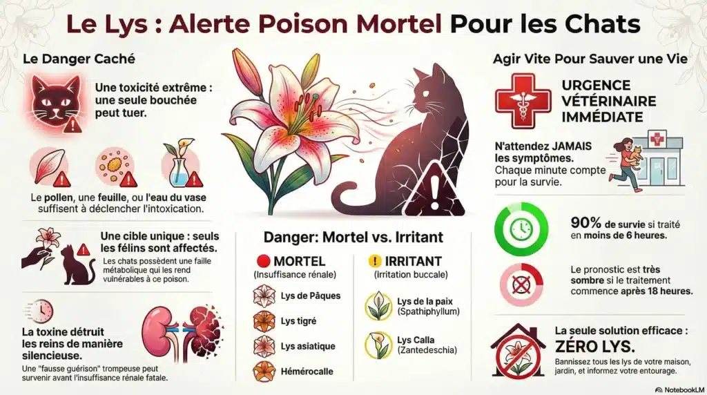 Infographie expliquant pourquoi le lys est toxique pour les chats, les dangers mortels de l’ingestion ou du simple contact avec le pollen, les signes de toxicité rénale, et l’urgence d’un traitement vétérinaire rapide.