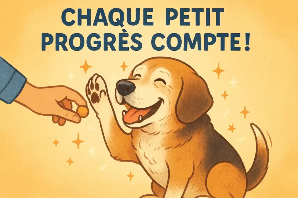 Illustration d’un vieux chien recevant une récompense après un exercice, avec le message “Chaque petit progrès compte”.