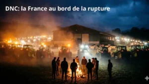 Agriculteurs rassemblés de nuit autour d’un feu, avec des tracteurs, illustrant la situation de la dermatose nodulaire contagieuse en France.
