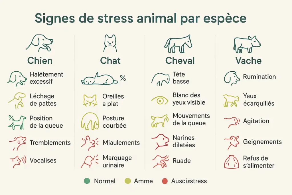 Infographie présentant les signes de stress animal chez le chien, le chat, le cheval et la vache selon leur comportement.