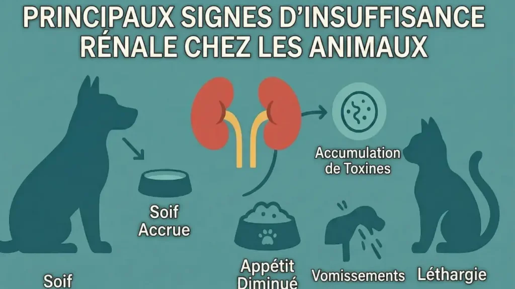 Infographie vétérinaire montrant les principaux signes d’insuffisance rénale chez le chien et le chat, avec reins, soif accrue, vomissements et léthargie.