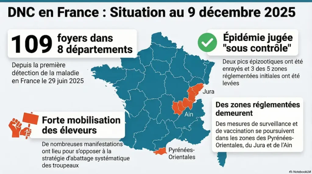 Infographie montrant la situation de la dermatose nodulaire contagieuse au 9 décembre 2025 en France avec les foyers recensés et les zones réglementées.