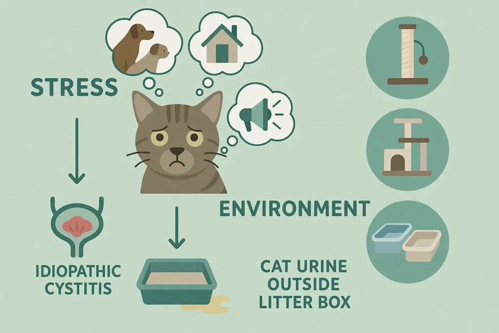 infographie montrant un chat stressé, des facteurs environnementaux et un bac à litière, illustrant un problème d’urine hors de la litière.