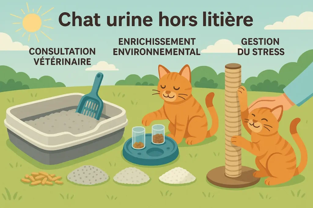 Infographie montrant un chat, un bac à litière, des accessoires d’enrichissement et la gestion du stress, liés à l’urine hors litière.