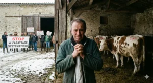 Éleveur bovin dans une étable française, avec des manifestants tenant des pancartes « Stop à l’abattage systématique » en arrière-plan, illustrant les alternatives à l’abattage systématique.
