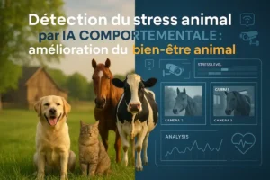 Infographie montrant la détection du stress animal par intelligence artificielle comportementale avec chien, chat, vache et cheval analysés par caméras.