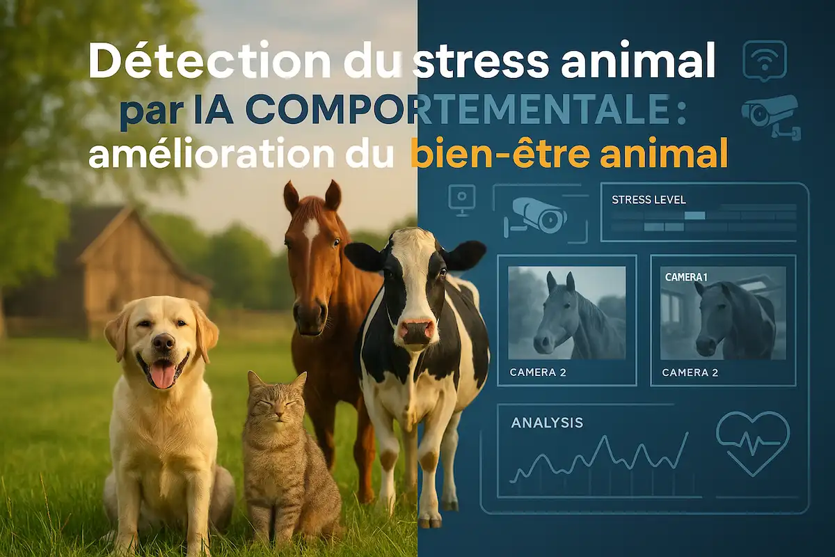 Infographie montrant la détection du stress animal par intelligence artificielle comportementale avec chien, chat, vache et cheval analysés par caméras.