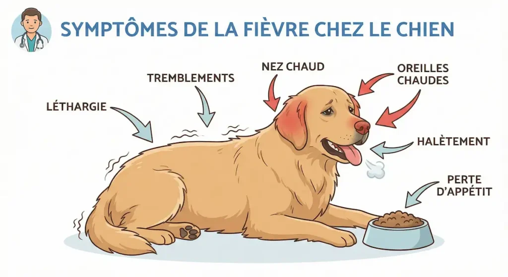 Infographie montrant les symptômes de la fièvre chez le chien, dont un nez chaud, des tremblements, des oreilles chaudes, de la léthargie et une perte d’appétit.