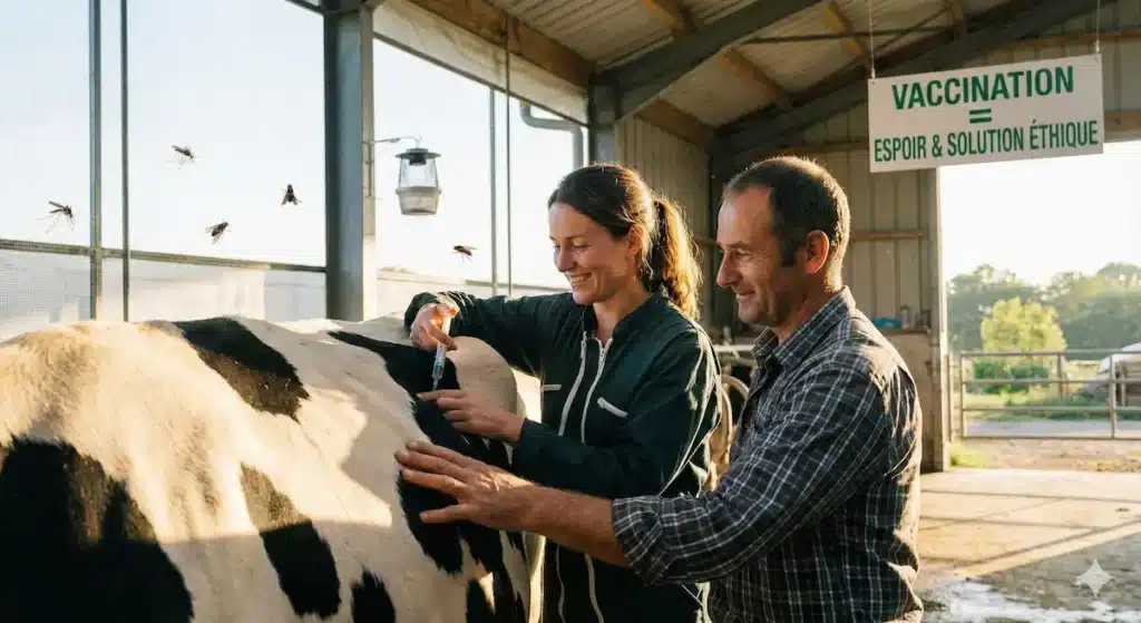 Vaccination d’un bovin dans une étable par une professionnelle, en présence d’un éleveur, avec une affiche indiquant « Vaccination espoir & solution éthique », illustrant une alternative à l’abattage systématique.