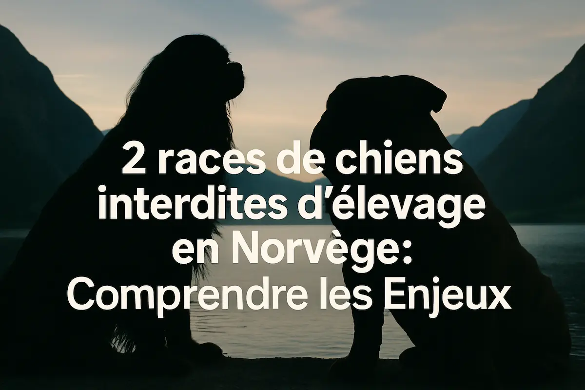 Silhouettes de deux chiens face à face avec le texte « 2 races de chiens interdites d’élevage en Norvège », illustrant les races de chien interdites.