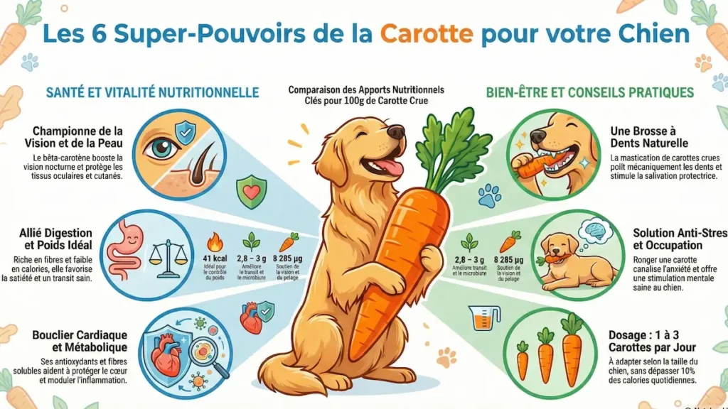 Infographie détaillant les 6 super-pouvoirs et avantages de la carotte pour le chien, incluant la santé visuelle, la digestion, l'hygiène dentaire et le dosage recommandé.