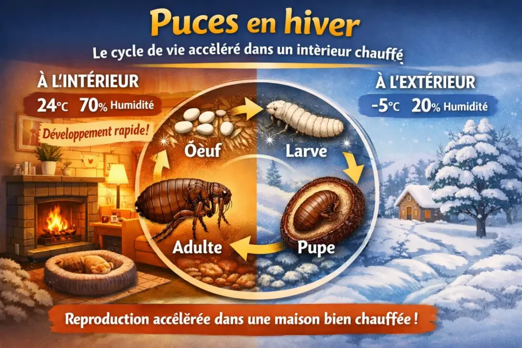 Infographie montrant le cycle de vie des puces en hiver, comparant un intérieur chauffé et un extérieur froid.