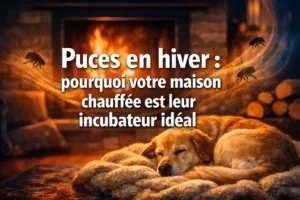 Chien dormant près d’une cheminée avec texte indiquant que les puces en hiver trouvent un environnement favorable dans une maison chauffée.