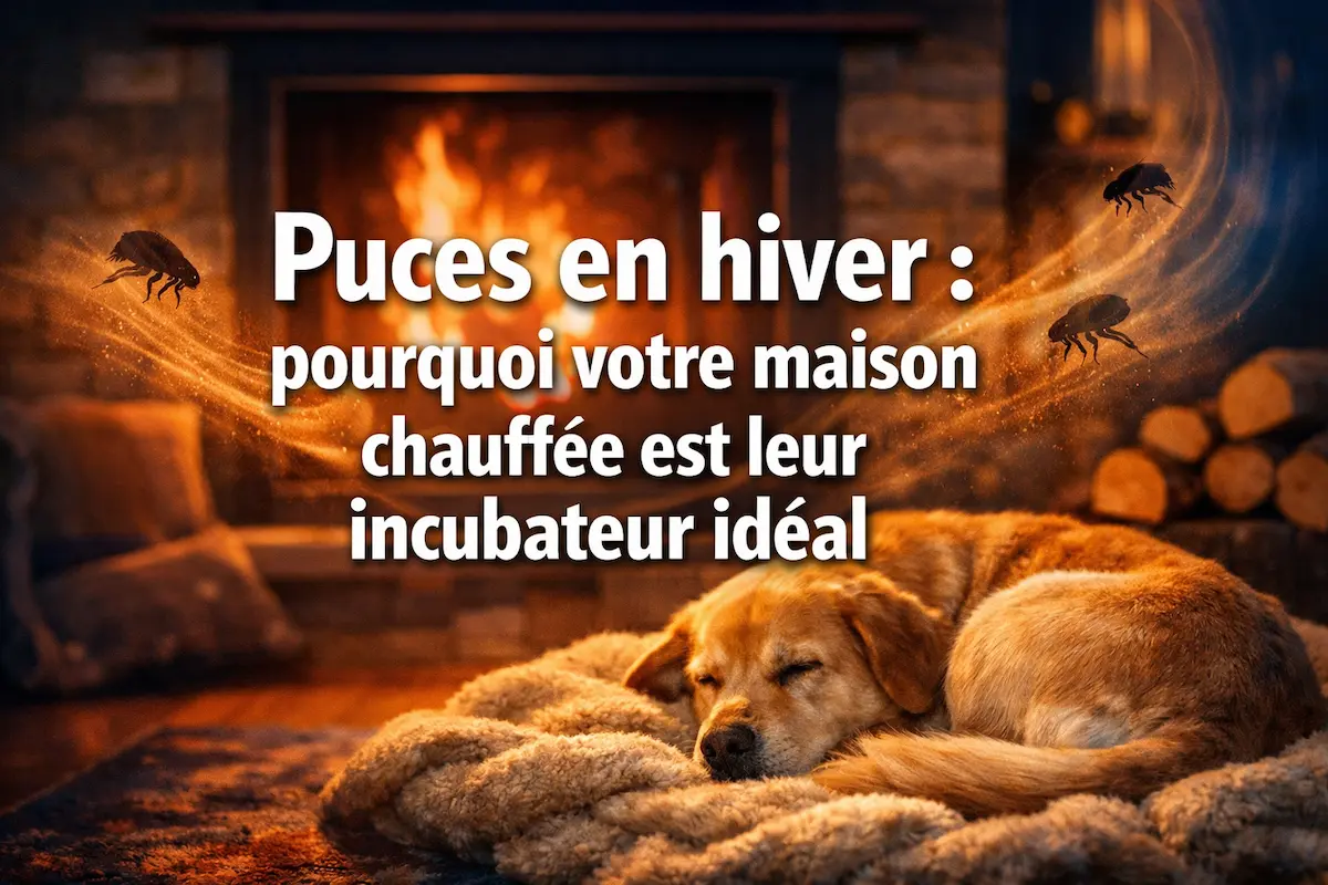 Chien dormant près d’une cheminée avec texte indiquant que les puces en hiver trouvent un environnement favorable dans une maison chauffée.