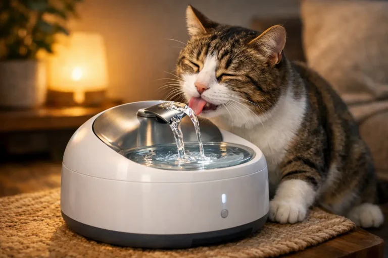 Chat buvant de l’eau dans une fontaine à eau électrique posée au sol dans un intérieur.