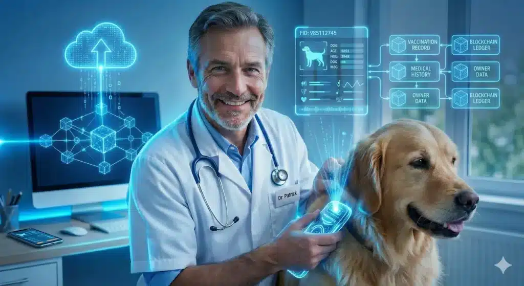 Vétérinaire scannant une puce électronique chez un chien avec interface numérique et données affichées à l’écran.