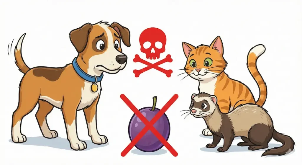 Illustration montrant un chien, un chat et un furet face à un raisin barré et un symbole de danger, évoquant l’intoxication au raisin chez le chien.
