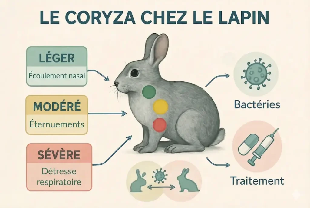 Infographie montrant le coryza chez le lapin, avec différents niveaux de gravité liés au fait que le lapin éternue.