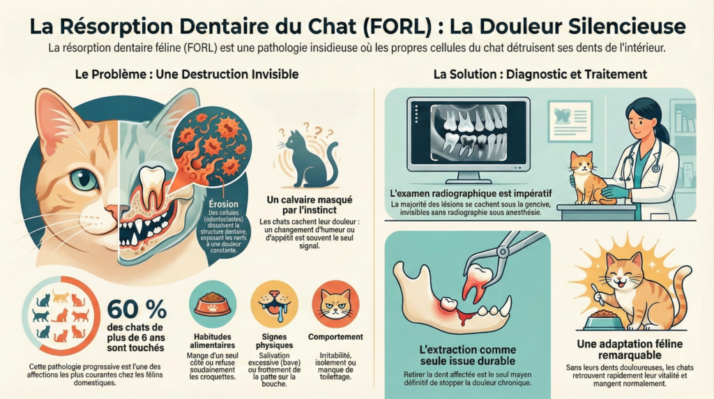 Infographie expliquant la résorption dentaire du chat (FORL) avec mécanisme, signes cliniques, diagnostic radiographique et traitement.