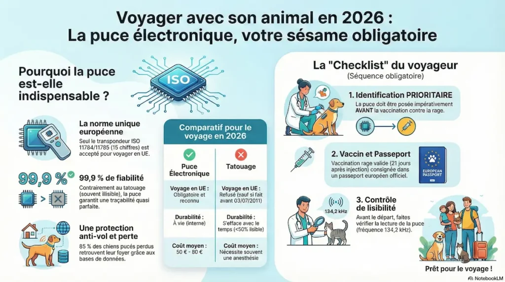 Infographie expliquant le rôle de la puce électronique pour voyager avec un animal en 2026, avec checklist et comparaison tatouage.