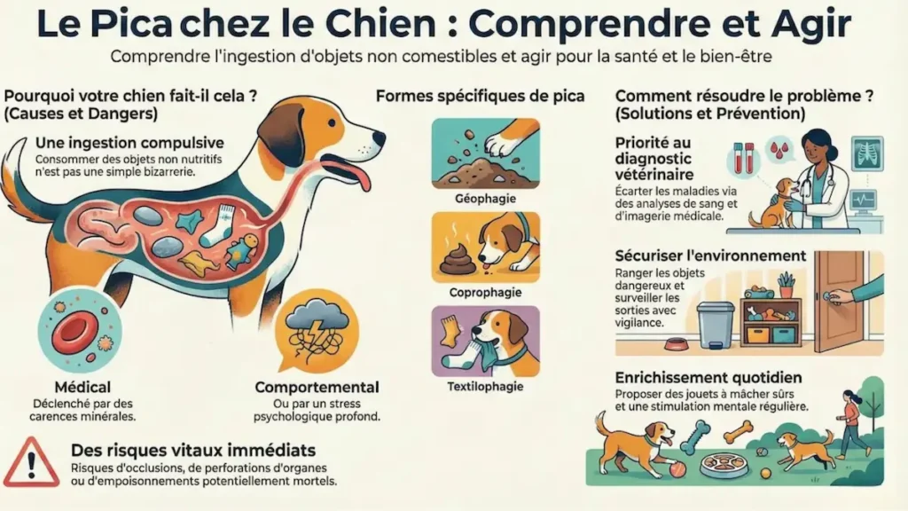 Infographie générale sur le pica chez le chien présentant causes, formes, risques et solutions.