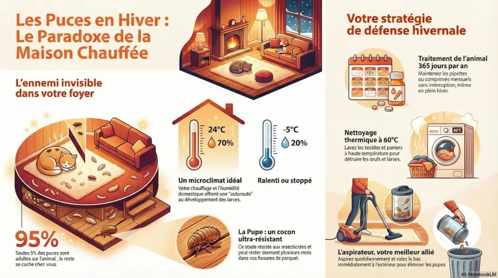 Infographie montrant les puces en hiver dans une maison chauffée, leur survie, leur développement et les actions de prévention recommandées.