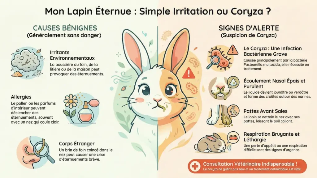 Infographie comparant les causes bénignes et les signes d’alerte quand un lapin éternue, avec distinction entre irritation et coryza.