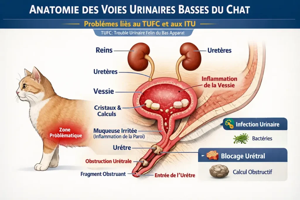 Infographie montrant les maladies du bas appareil urinaire féline avec anatomie des voies urinaires, inflammation, cristaux et obstruction urétrale.