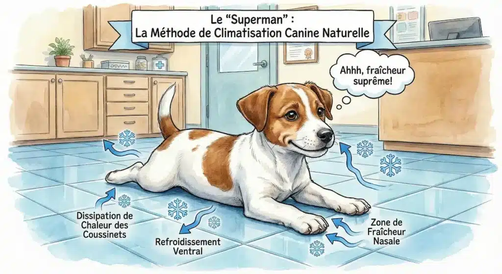 Chien allongé en position superman sur un sol frais illustrant un mécanisme naturel de refroidissement.