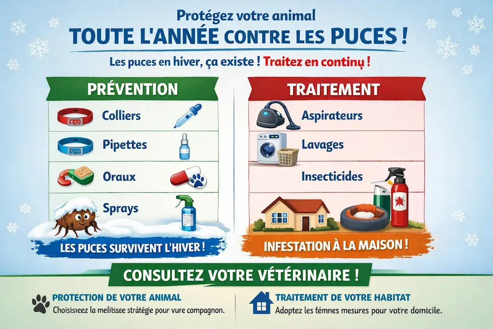 Infographie expliquant le traitement contre les puces en hiver avec prévention pour l’animal et traitement de l’habitat