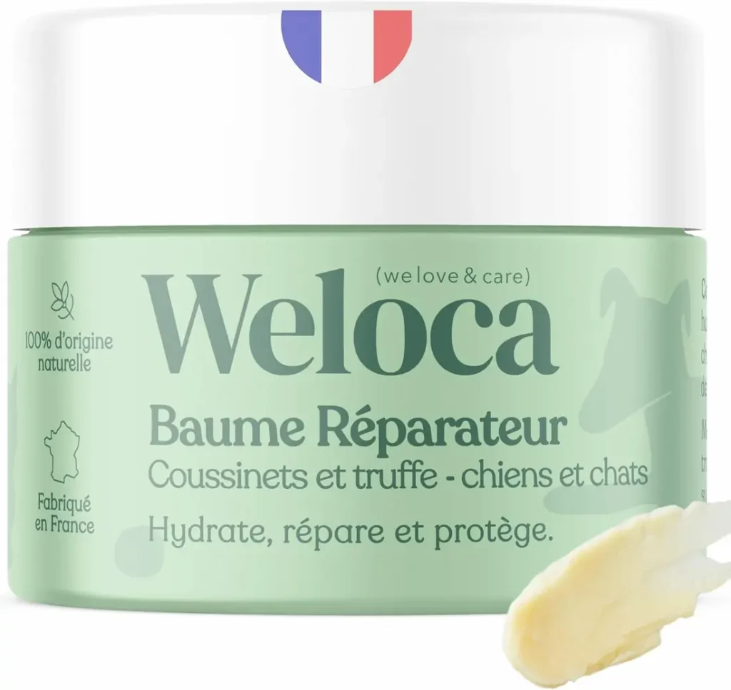 Baume réparateur coussinets et truffe pour chiens et chats en pot, marque Weloca.