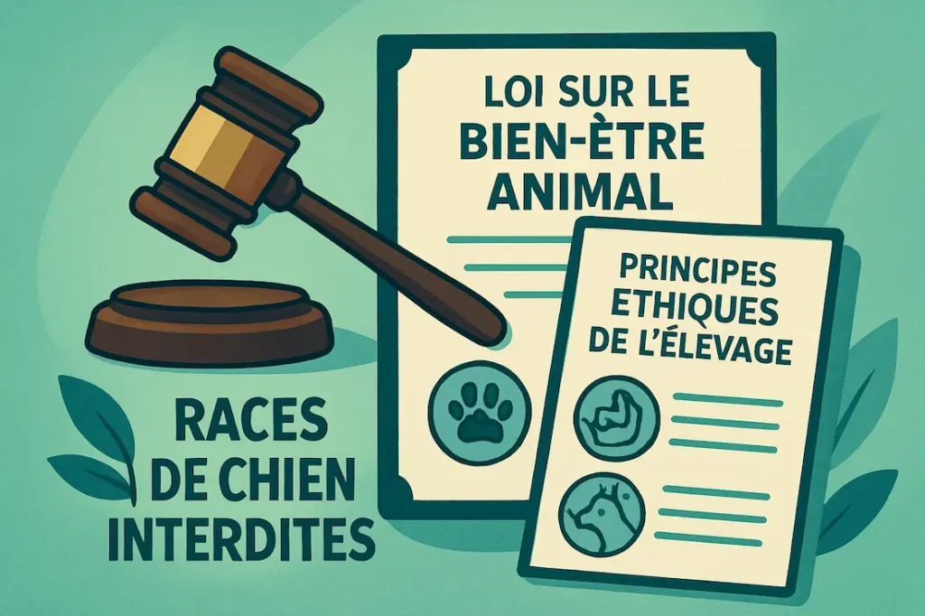 llustration montrant une loi sur le bien-être animal liée à l’élevage de chien interdit en Norvège, avec un marteau de justice et des documents réglementaires.