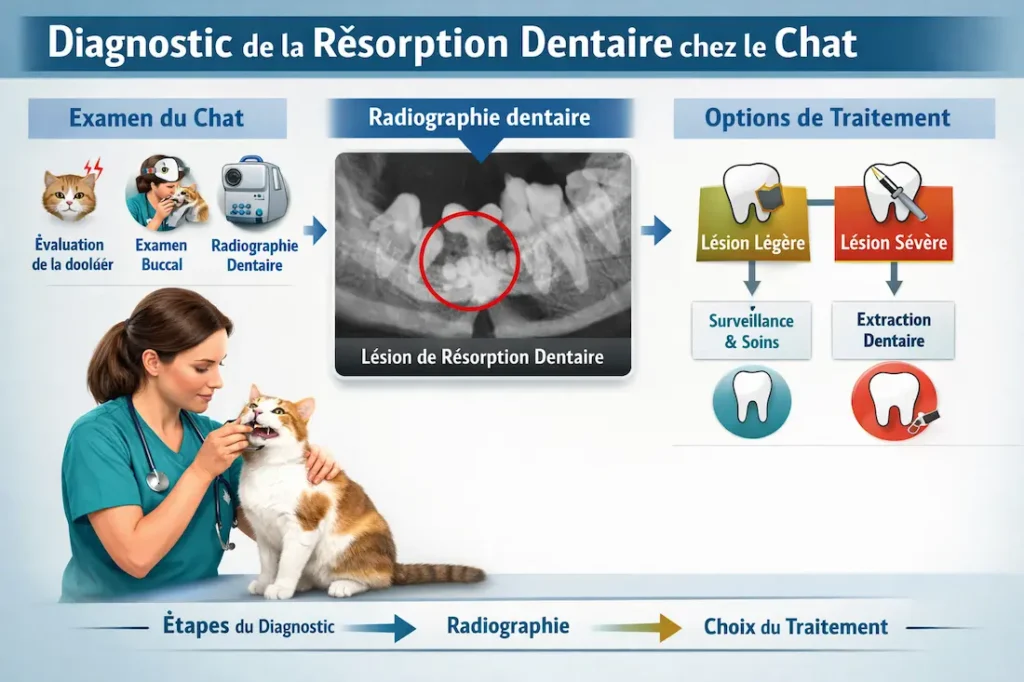 Infographie sur le diagnostic FORL chez le chat montrant examen buccal, radiographie dentaire et options de traitement.