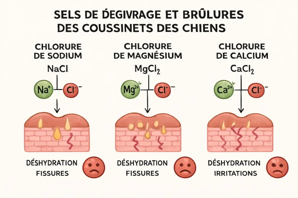 Infographie montrant les brûlures dues au sel sur les coussinets du chien selon le type de sel de déneigement.