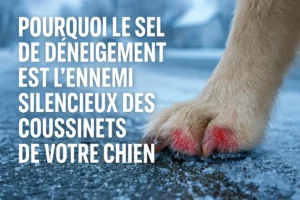 Coussinets de chien rouges et irrités sur sol enneigé, exposés au sel de déneigement en hiver.