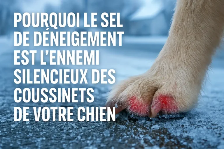 Coussinets de chien rouges et irrités sur sol enneigé, exposés au sel de déneigement en hiver.