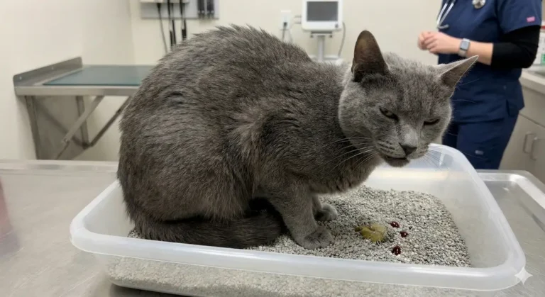 Chat gris dans une litière avec traces visibles de sang, illustrant une infection du tractus urinaire chez le chat en consultation vétérinaire.