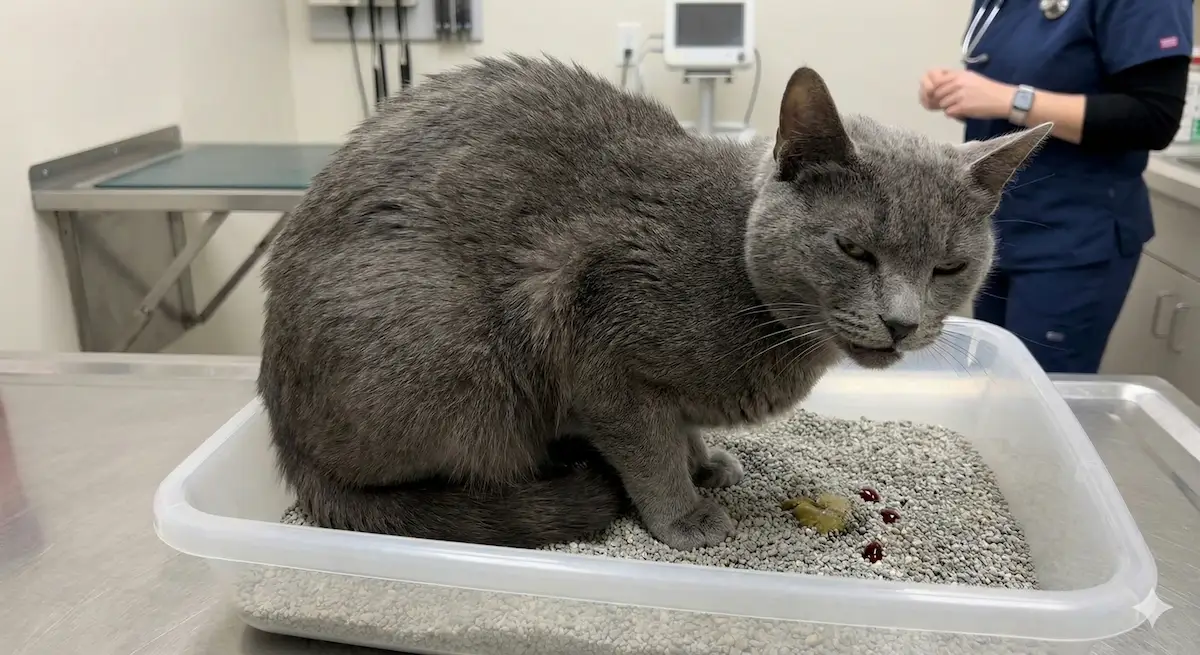 Chat gris dans une litière avec traces visibles de sang, illustrant une infection du tractus urinaire chez le chat en consultation vétérinaire.